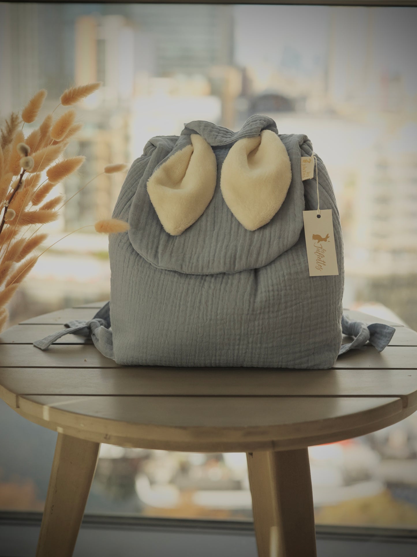 Baby blue cotton gauze rabbit ear children's backpack