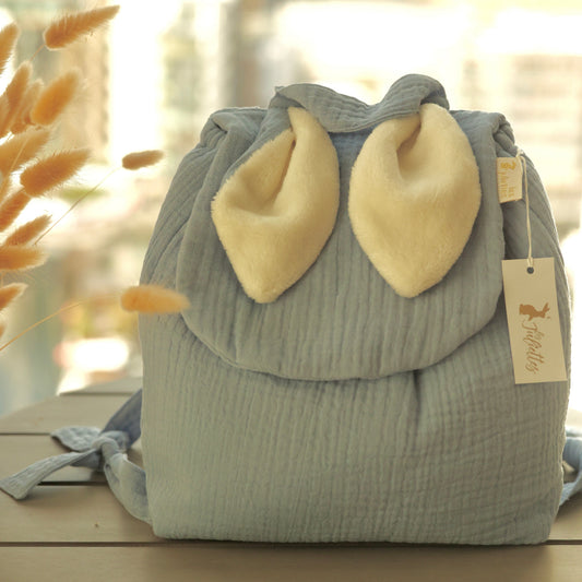 Baby blue  cotton gauze rabbit ear children's backpack