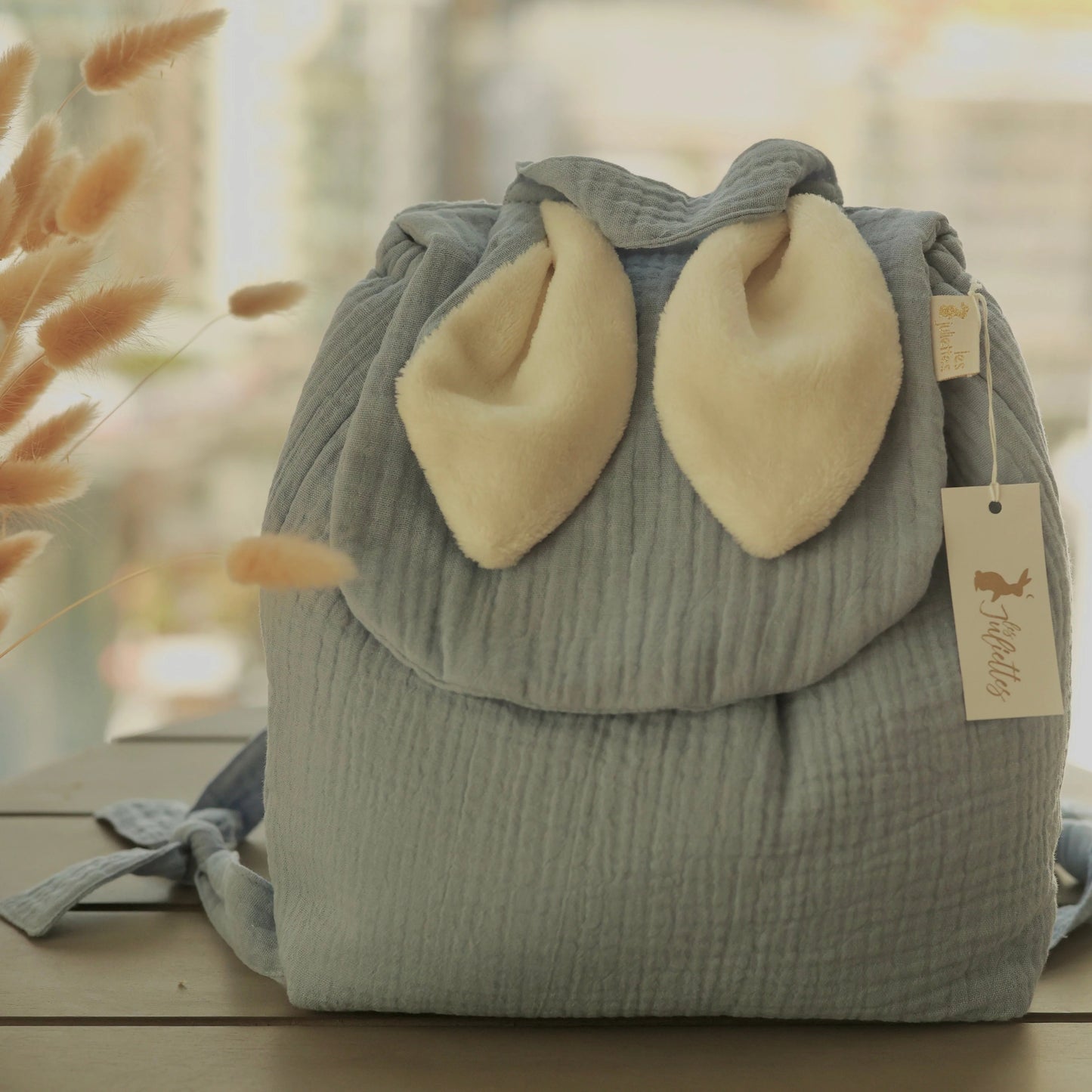 Baby blue  cotton gauze rabbit ear children's backpack
